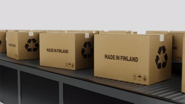 Boxes with MADE IN Finland Text on Conveyor alt