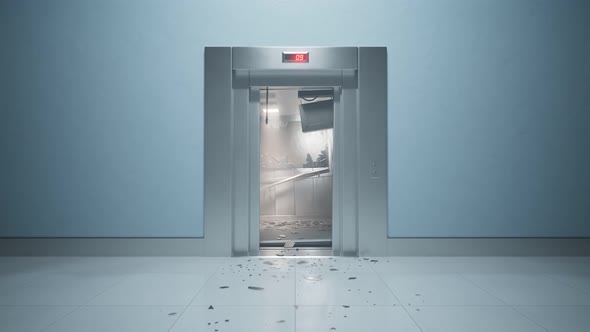 Animation of the modern ruined elevator with flickering light.Scary accident.4K alt