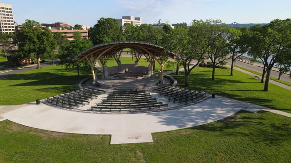 Bandshell with new covering in park in La Crosse, Wisconsin, on the Mississippi River.