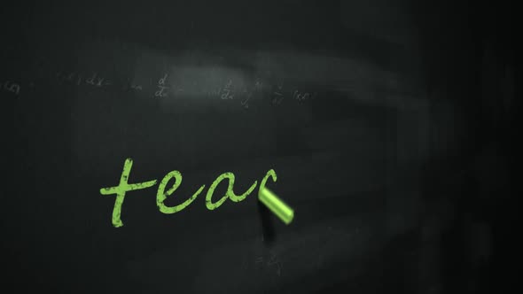 Animation of green chalk writing the English word 'teaching' on a blackboard. alt