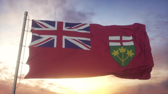Ontario Flag Canada Waving in the Wind Sky and Sun Background alt