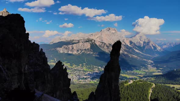 Aerial Scenic view of Cortina d' Ampezzo surrounded by majestic mountains . Dolomites Mountains.  alt