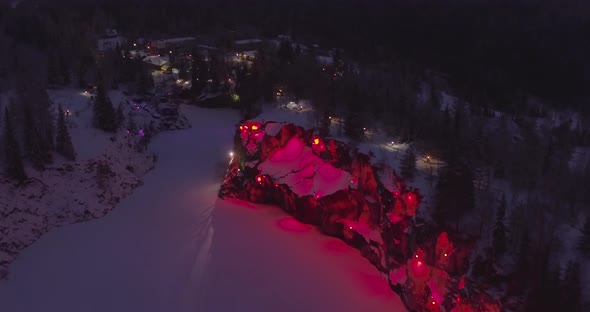 Beautiful Night Illumination of Ruskeala Mountain Park From the Air