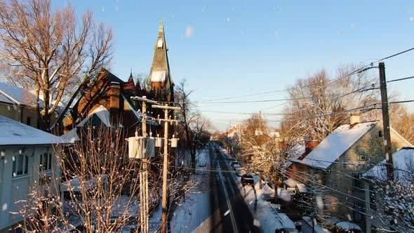 AERIAL Downtown Intercourse, Pennsylvania USA During Snowfall On Winters Day alt