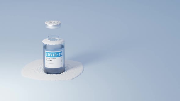 COVID coronavirus vaccine open glass frozen frosted bottle in the snow. Seamless loop.