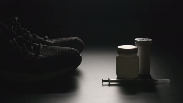 Dope: Plastic Containers, Syringe And Sport Shoes alt