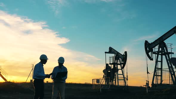 Two Oil Industry Workers Inspecting an Oil Field with a Laptop at Sunset alt