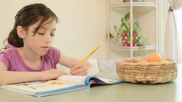 Girl preparing homework at home alt