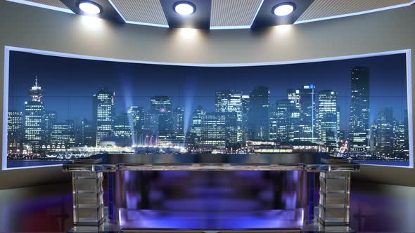 3D Virtual News Studio. Announcer Table With Night City Background And Floodlights 4 alt