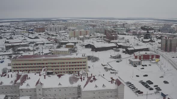 Establishing Shot of the Arctic City of NaryanMam at the North Pole of Russia in Winter