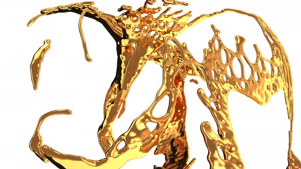 Melting gold splashes and flow in with slow motion. Alpha