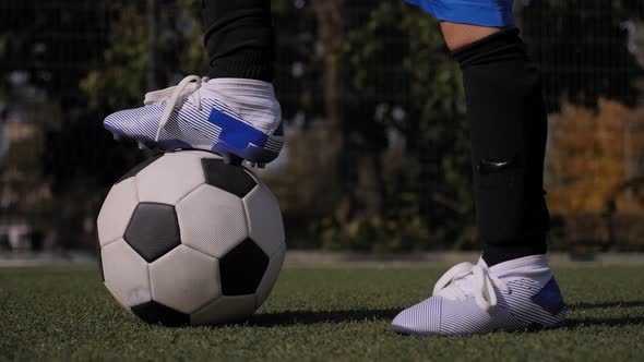 Closeup of a Soccer Ball on a Field a Little Boy Puts His Foot on the Ball alt