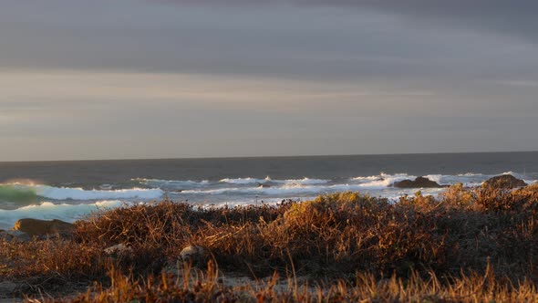 Rocky Ocean Coast Dramatic Sea Waves Monterey Beach California Birds Flying