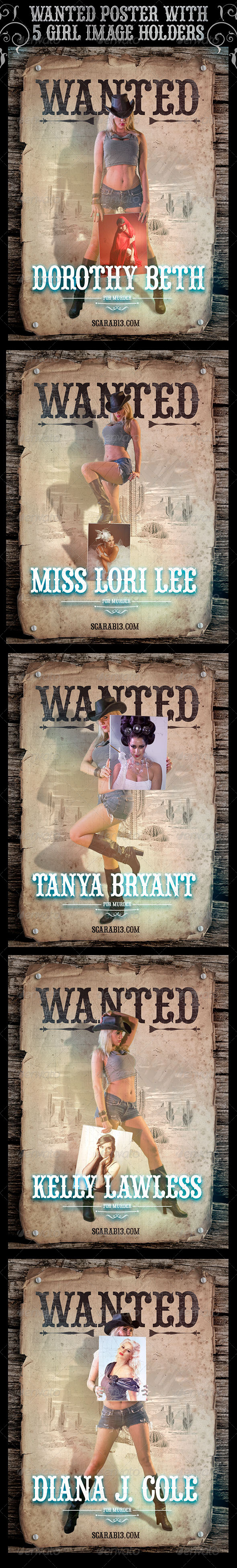 Wanted Poster with 5 Cowgirl ImageHolders - Posters Print