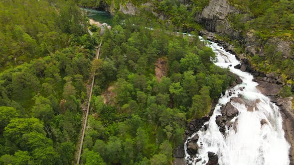 Nyastolfossen falls, waterfall in Husedalen valley, Kinsarvik, Norway