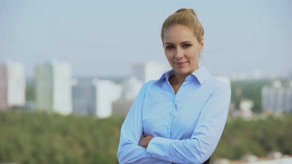 Female Company Expert Looking Camera Outdoors, Pretty Business Woman, Work