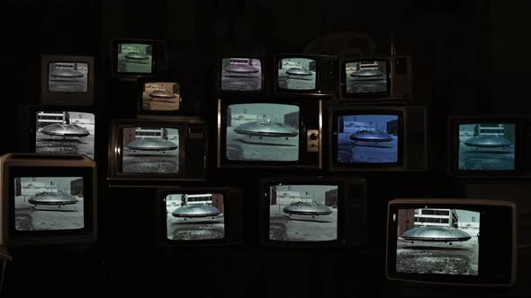 Pilot testing Avrocar on Retro TVs. Sepia Tone. alt