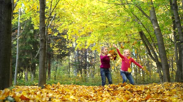 Two little girls play in the autumn Park. Throw up and casts yellow leaves and jump for joy.