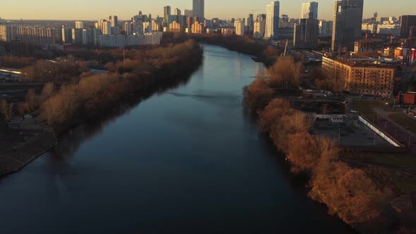 Flying Over the River with a View of Moscow in Late Autumn