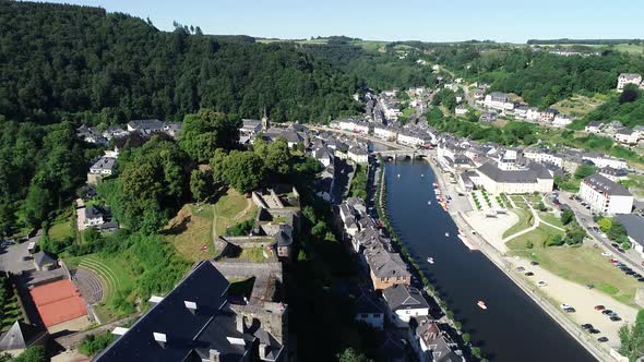 Aerial view of Bouillon Castle in the province of Luxembourg, Belgium, Europe. World heritage
