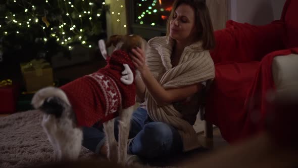 A Woman and Her Dog are Sitting on the Floor Near a Burning Fireplace and a Decorated Christmas Tree alt