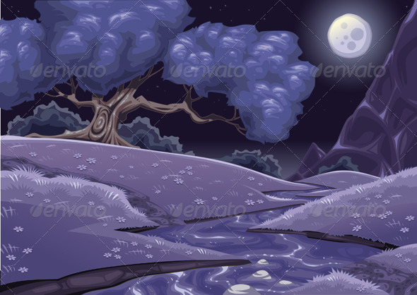 Cartoon nightly landscape with stream. - Landscapes Nature