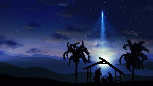 Christmas Nativity Scene Animation with Trees under Starry Sky