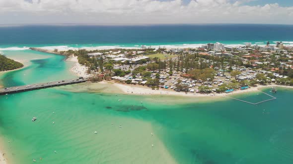 Aerial drone view of Tallebudgera Creek and beach on the Gold Coast, Queensland, Australia alt