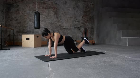 Young athletic woman is training doing fitness exercise standing on fours and rising leg up alt