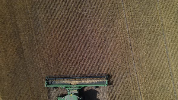 Aerial birds eye view of a large combine harvester working a vast wheat field during the daytime. alt