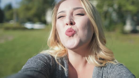 Lovely Girl Laugh Take Selfie City Park Background