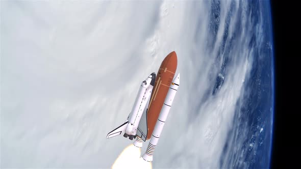 Space Shuttle Launching Over Earths Atmosphere and Hurricane, Motion ...