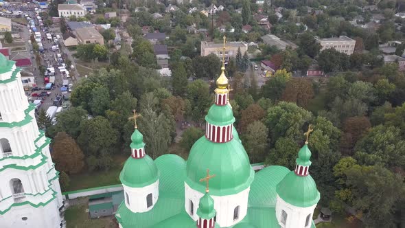 Aerail view to Cathedral Nativity Blessed Virgin in Kozelets, Chernihiv region, Ukraine alt