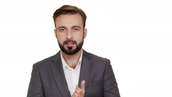 Portrait of Nervous Male Person 30s Trying to Concentrate Tune Into Serious Conversation Rubbing His alt