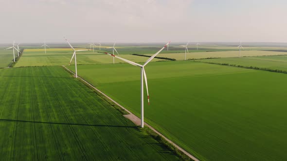Wind Driven Generators Produce Electricity in Green Fields