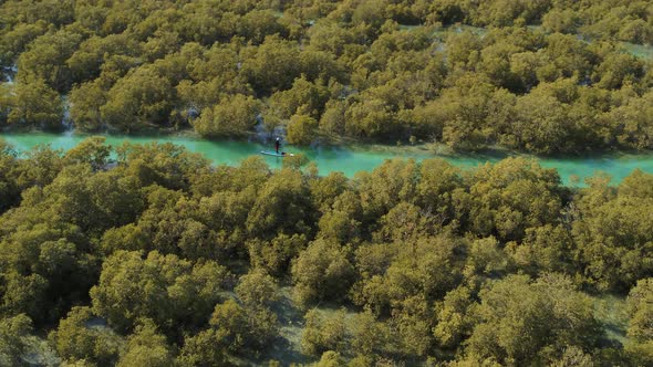 Aerial view of a person paddling with a canoe in Dubai, UAE. alt