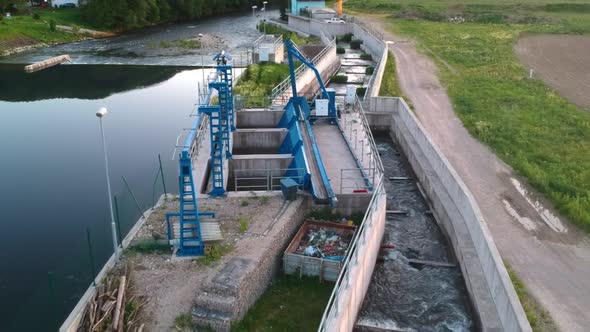 Fish Ladder and Dam Flyover, Hydropower Scene, Aerial Forward alt