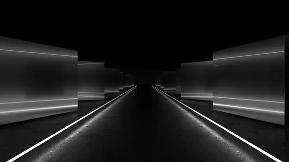 Dark corridor with rotating boxes