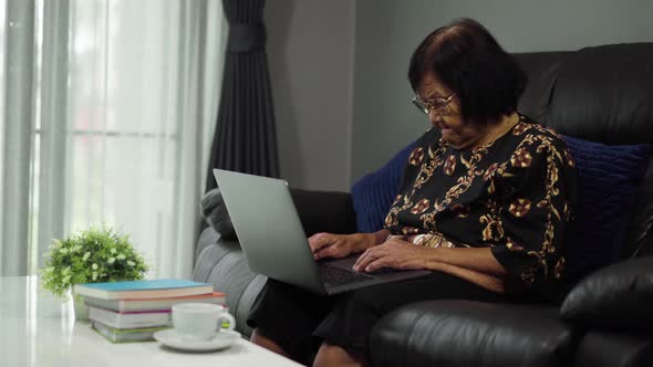 senior woman working on laptop computer in living room
