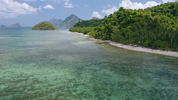 Aerial View of El Nido Tropical Beach with Many Palm Trees and Old Corals in Shallow Water alt