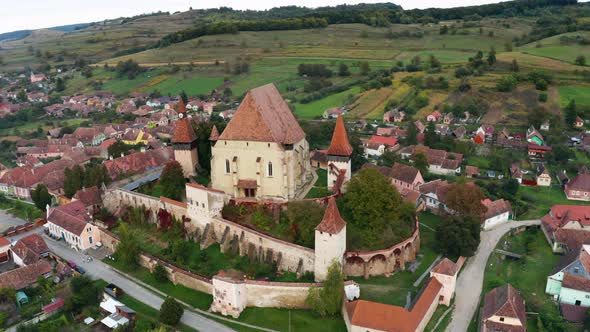 Aerial View of the Fortified Church of Biertan in Transylvania Romania alt