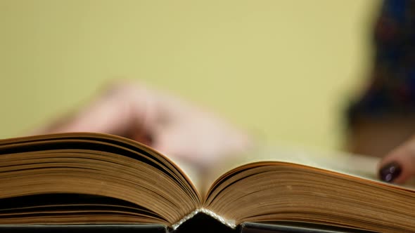 Leisure of a woman reading a book. close-up woman reads and leafs through the pages of an old book alt