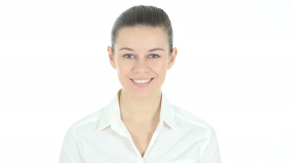 Portrait of Smiling Woman, White Background alt