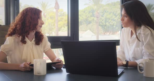 Businesswomen colleagues discuss a project using a computer at workplace alt
