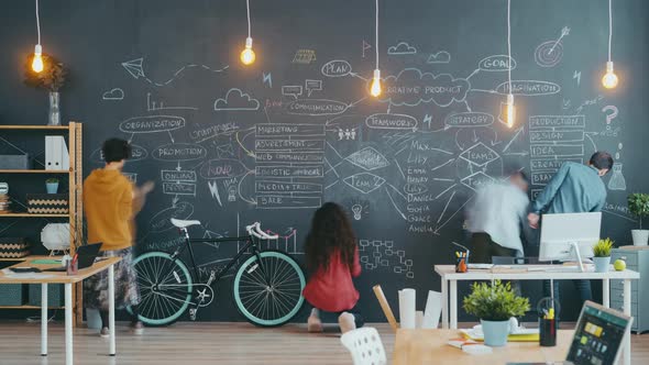 Time Lapse of Group of People Writing and Drawing on Chalkboard Wall in Open Space Office alt