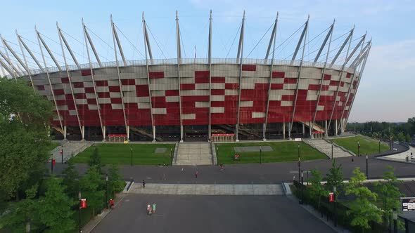 Aerial view of people walking by National Stadium