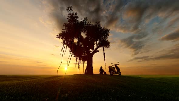 Traveling Woman on a Motorcycle Resting in a Sunset Landscape alt