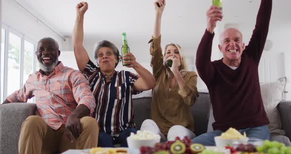 Two diverse senior couples sitting on a couch watching a game drinking beer alt