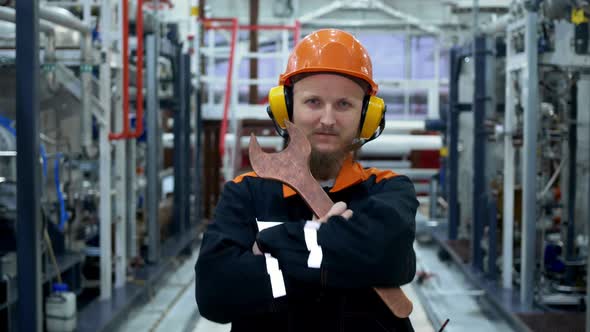A Plant Worker in Headphones and a Helmet with a Wrench at His Workplace a Repairman of alt