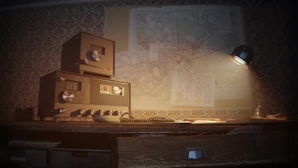 Retro room with vintage radio station standing on the desk under obsolete lamp. alt